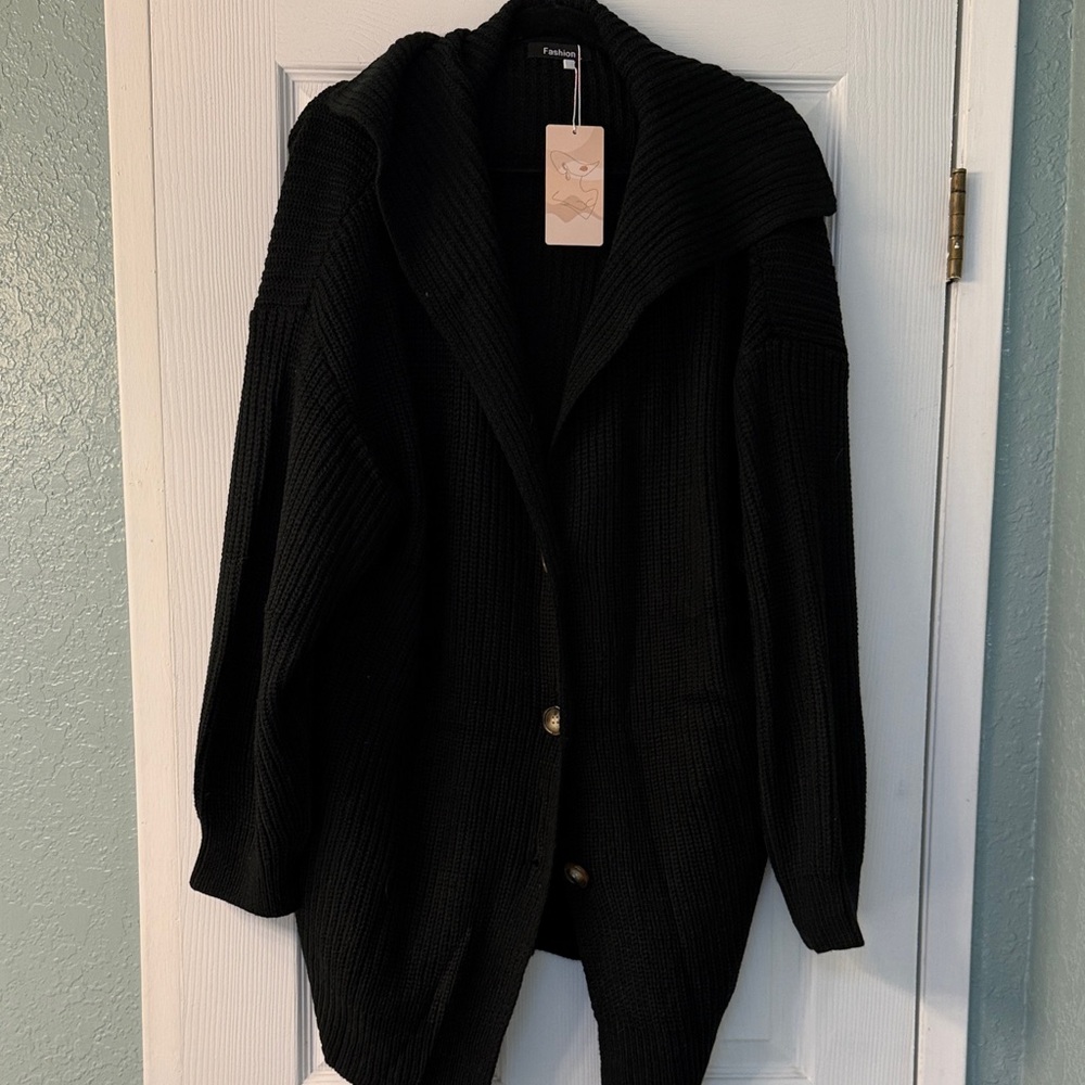Black Knit Cardigan with Brown Buttons